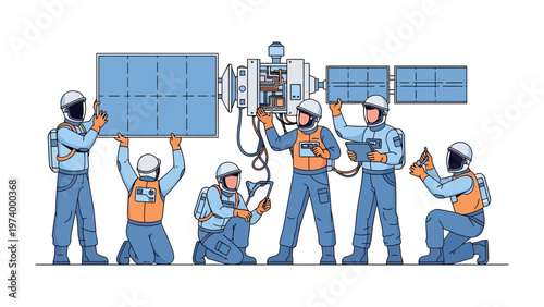 Satellite Maintenance: A skilled team of engineers meticulously inspects and maintains a complex satellite, ensuring flawless operation in space.