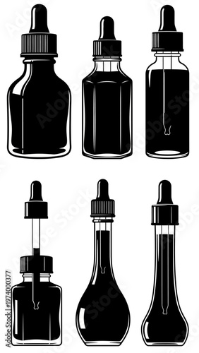 Set of Black Dropper Bottles Silhouette Vector Illustration