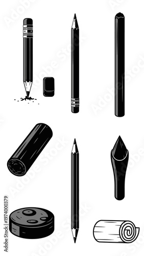 Set of Drawing and Art Supplies: Pencils, Eraser, Sharpener, Charcoal Stick
