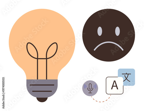 Creativity, language services, communication, emotional intelligence, education, problem-solving. Light bulb, sad face and translation symbols. Creativity and language services concept