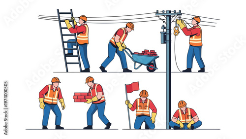 Construction workers at work: A comprehensive depiction of construction workers, engaged in various job tasks, each highlighting the dedication and effort. This image captures the essence of labor.