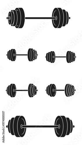 Barbell and Dumbbell Set Silhouette Icons for Fitness and Weightlifting
