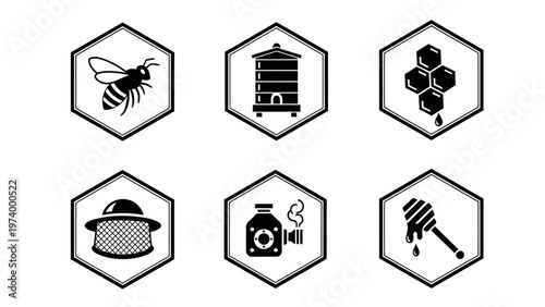 Beekeeping Icons: Bee, Hive, Honeycomb, Hat, Smoker, Honey Dipper