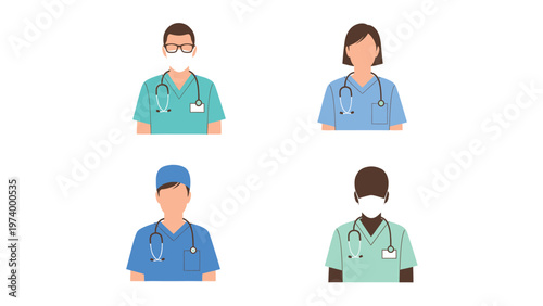 Diverse Medical Professionals Avatars. Healthcare Workers, Doctors, Nurses with Stethoscopes & Masks. Flat Design Style.