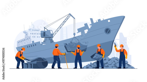 Shipyard's Reconstruction: A group of skilled workers collaboratively dismantle and repair a ship within a bustling shipyard. Capturing the essence of industry, teamwork.