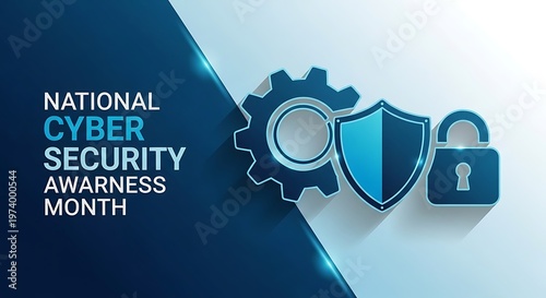 Cyber security awareness month banner with gear shield and padlock icons on blue and white background for internet data protection and network safety