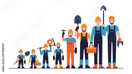 Construction Workers Progression: A group of construction workers, each at a different stage of professional growth.