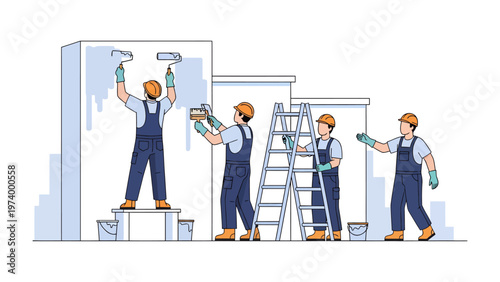 Painting the Dream: A crew of skilled tradesmen bring a vision to life, meticulously applying fresh coats of paint to transform an architectural structure, symbolizing renewal and transformation.