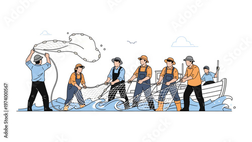 Team of Fishermen Hauling Net:  A group of determined fishermen work together, pulling a fishing net from the sea, showcasing teamwork and the essence of maritime labor.