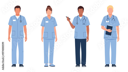 Diverse Medical Professionals in Scrubs. Healthcare Team Vector Illustration: Doctors and Nurses with Stethoscopes