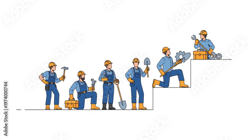 Builders at Work: A team of builders meticulously ascends a staircase of progress, each step representing a new phase in the construction process, as they construct the new construction