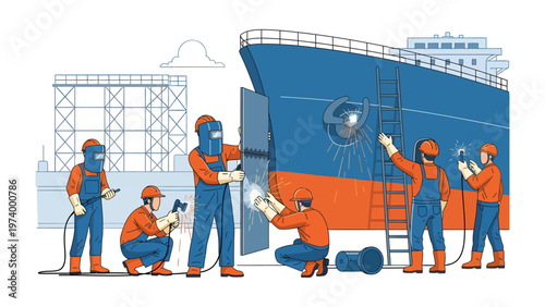 Shipyard Workforce in Action: A team of skilled workers, clad in protective gear, meticulously engaged in the welding and construction of a massive vessel, embodying the heart of industry.