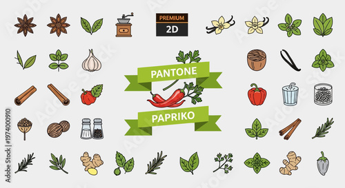 Flat Vector Icon Set of Various Culinary Spices, Herbs, and Seasonings for Cooking and Gastronomy