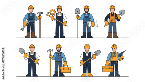 Construction Crew Icons: A collection of skilled construction workers, each holding tools, embodying the essence of craftsmanship and building expertise. 