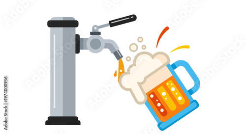 Flat Vector Illustration of Draft Beer Pouring from a Tap into a Foaming Mug