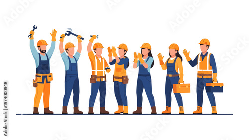 Construction Crew: A group of construction workers, each displaying tools and wearing safety gear, stand shoulder-to-shoulder, representing the collaborative spirit of construction work. 