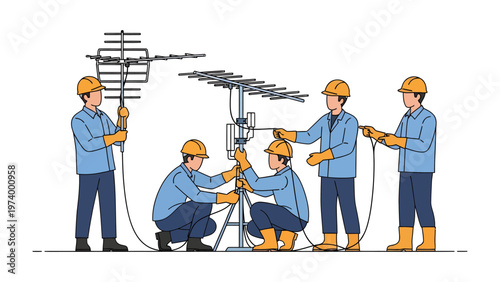 Antenna Installation Crew: A skilled crew of workers collaborate to install a sophisticated antenna, exemplifying expertise, precision.