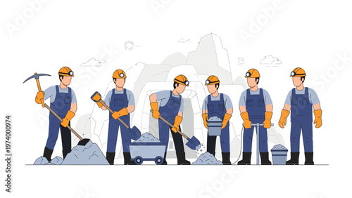 Mining Crew in Action: A determined crew of miners, clad in protective gear, toiling diligently in a mine setting.