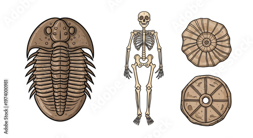 Trilobite fossils and human skeleton.