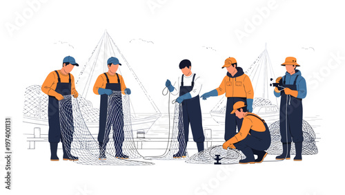 Fishermen's Day: A team of skilled fishermen, united in their daily work, mend their nets and prepare for a voyage at sea. This scene evokes the spirit of teamwork and the charm of their daily life.