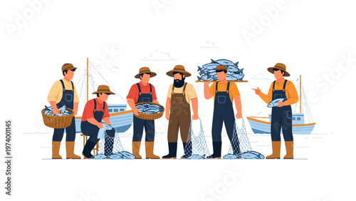 Fishermen at Work: A group of hardworking fishermen haul in their catch, showcasing the essence of coastal life. The image captures the vitality of the sea.