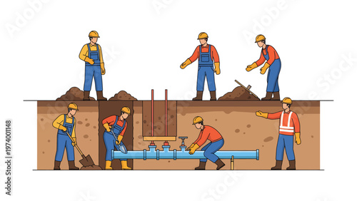 Infrastructure Workers at Work: A team of skilled workers diligently install and maintain water pipes within a trench, highlighting their expertise in construction and infrastructure.