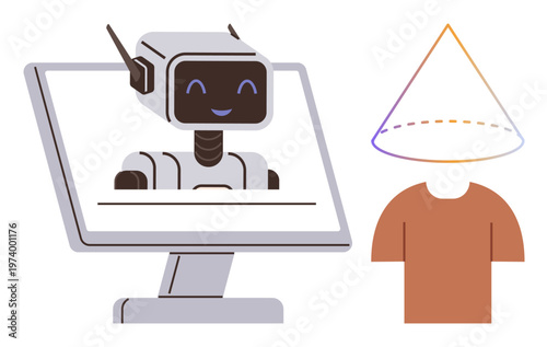 Artificial intelligence, robotics, conceptual design, technological innovation, human-machine interaction, digital transformation. Robot face on screen with person-thumbs up form wearing a cone head