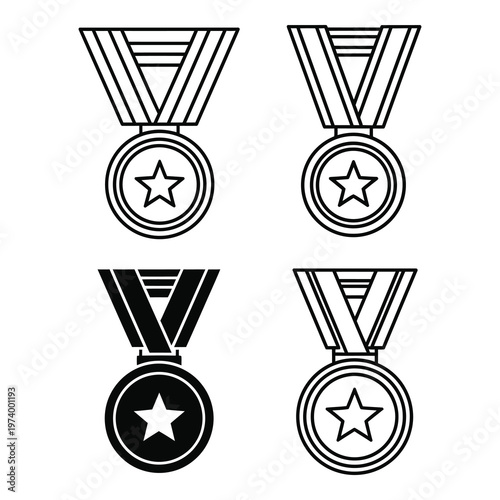 Four black and white star medal icons with ribbons  award symbols icon