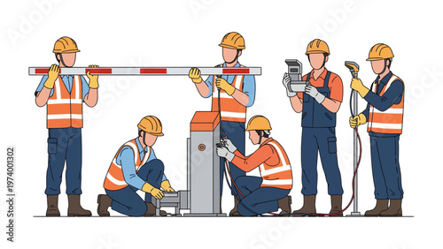 Barrier Gate Installation: A group of construction workers in safety attire working diligently to install a barrier gate, showcasing teamwork and technical skill in an urban setting.