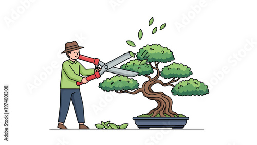 Person Pruning Bonsai Tree with Shears. Gardening, Horticulture, and Plant Care Illustration.