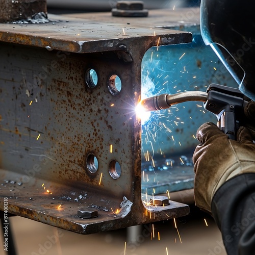 Welder welding metal structure with sparks flying