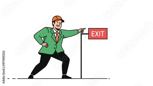 Confident cartoon man in green jacket pointing to red 'EXIT' sign, showing direction or solution illustration