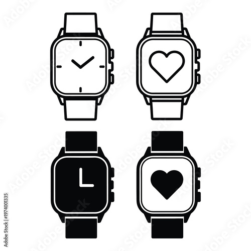 Four smartwatch icons with different designs and colors on white background icon