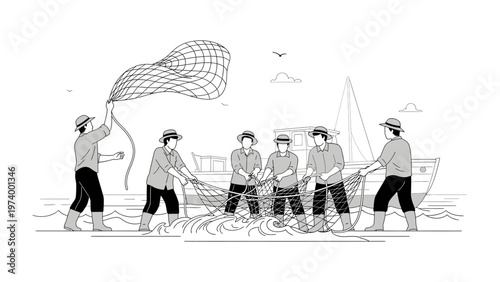 Team of Fisherman at Work: A group of dedicated fishermen work in unison to cast and haul in a large fishing net.
