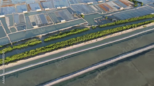 Aerial View of Traditional Salt Evaporation Ponds with Green Mangrove and Water Channels.