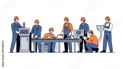 Industrial Team: A team of skilled technicians diligently working on an automated assembly line, focusing on precision, collaboration, and the seamless creation of high-quality products.