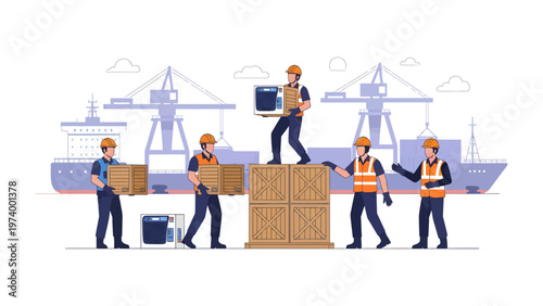 Logistics Team at Work: A coordinated team of logistics professionals meticulously manages the loading and unloading process at a bustling port.