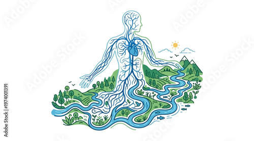 Human Body with Arterial and Venous Systems as a River and Land Ecosystem