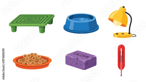 Pet Care Supplies Set for Reptiles and Small Animals: Food, Water, Heat Lamp, Calcium, Thermometer, Platform