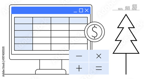 Business management, data analysis, budgeting, financial planning, decision-making, economic growth. Computer screen with a spreadsheet, calculator symbols dollar icon tree. Budgeting and financial