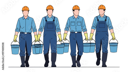 Construction Workers Carrying Buckets: Four construction workers in identical uniforms diligently carry buckets, each step representing dedication to their construction tasks. 