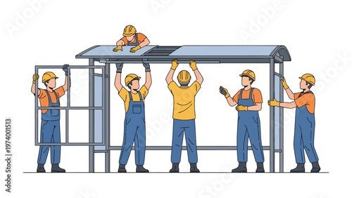 Building the Future Together: A skilled construction crew collaborates to erect a bus shelter, their teamwork and expertise shaping public infrastructure.