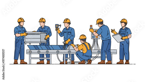 Team in Production: A team of skilled technicians diligently work together on an industrial production line, collaborating to assemble and maintain machinery.