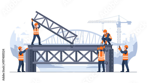 Bridge Construction in Progress: A group of diligent construction workers diligently erect a sturdy bridge, harmoniously working together on an exciting project that contributes to society