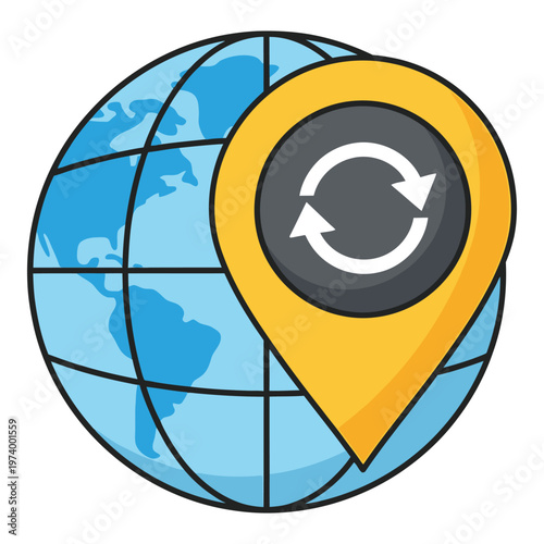 Globe with yellow location pin and refresh symbol on white background icon