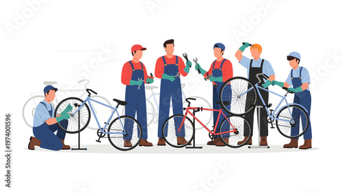 Cycling Service Collective: A group of skilled repairmen, meticulously servicing a fleet of bicycles, showcasing dedication and technical expertise.
