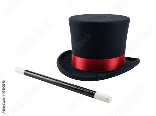 Konstfotografi Elegant black felt top hat with a red satin ribbon and a magic wand isolated tra