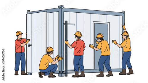 Building the Future: Construction workers collaborate to assemble a prefabricated building. Each worker plays a vital role in the construction of this structure. 