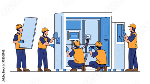 Tech Assembly: Skilled technicians collaborate on assembling cutting-edge technological equipment, showcasing the precision and expertise involved in modern industrial processes.