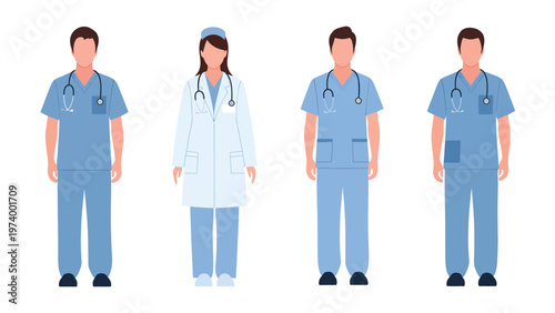 Diverse medical professionals: doctors, nurses, healthcare workers in scrubs and lab coats. Flat vector illustration set.